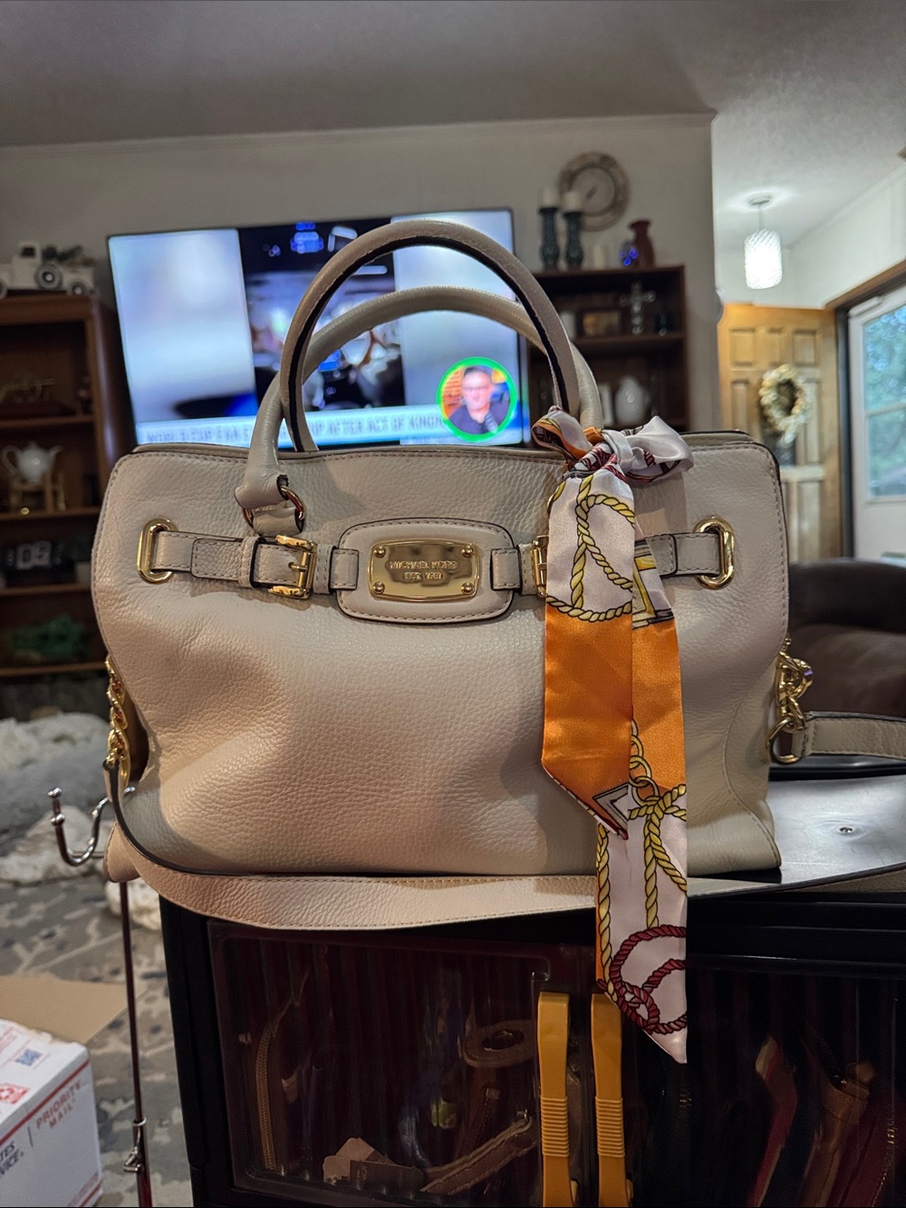 Michael Kors Hamilton Cream Leather Satchel Bag w/Gold Accents and Orange scarf